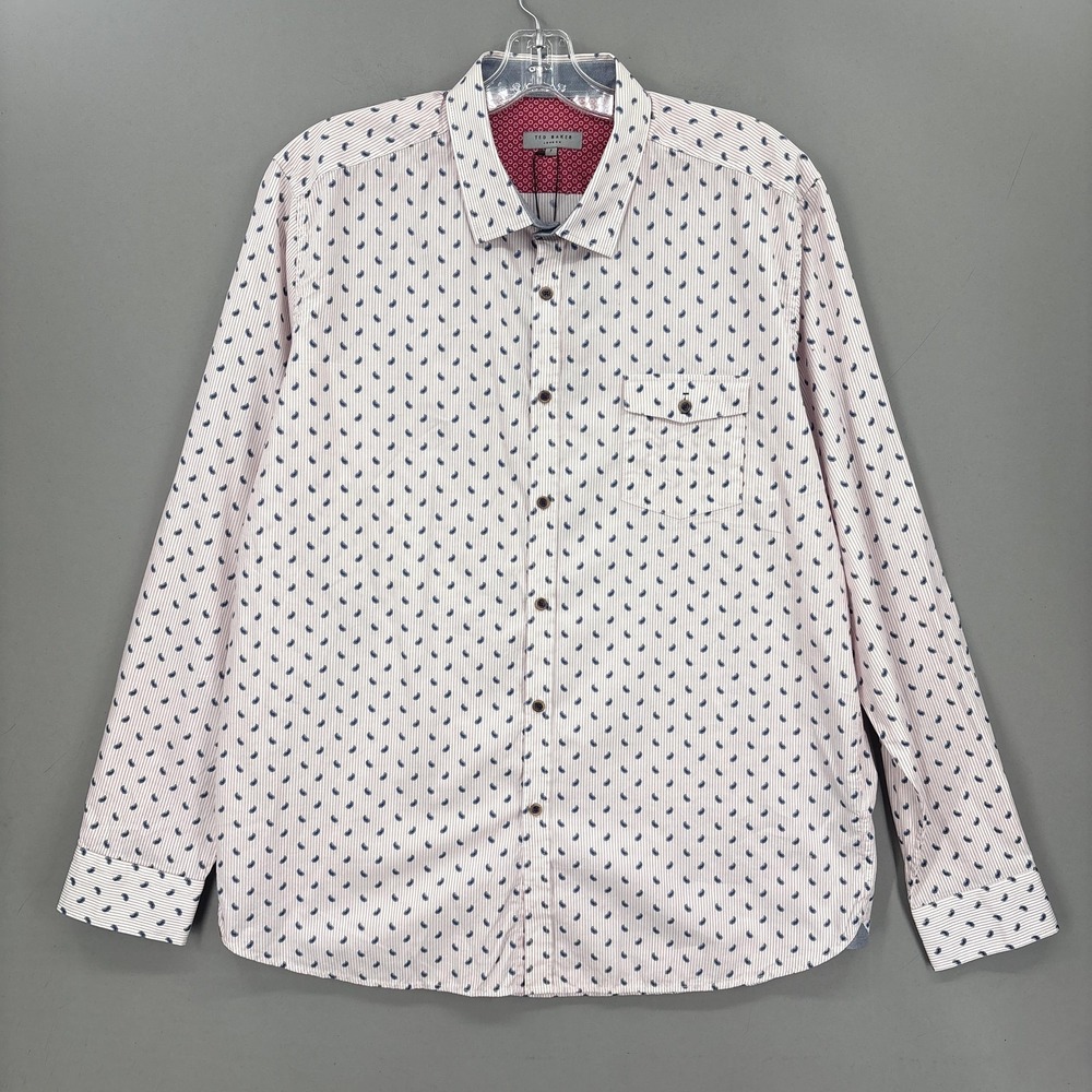 Ted Baker Shirt Mens 3XL White Blue Paisley Stripe Button Up Long Sleeve Cotton‎ - Picture 2 of 13